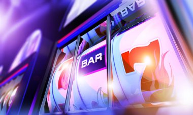 Casino Games One Handed Bandit Slot Machines 3D Rendered Illustration. Slot Reels Close Up.