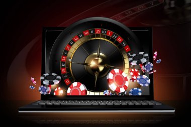 Online Roulette Games Conceptual 3D Illustration with Laptop Computer, Roulette Wheel and Casino Tokens.