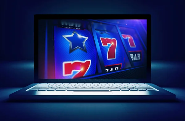 オンラインギャンブルのテーマ コンピュータディスプレイ上のカジノスロットマシンリール概念3Dレンダリングイラスト — ストック写真