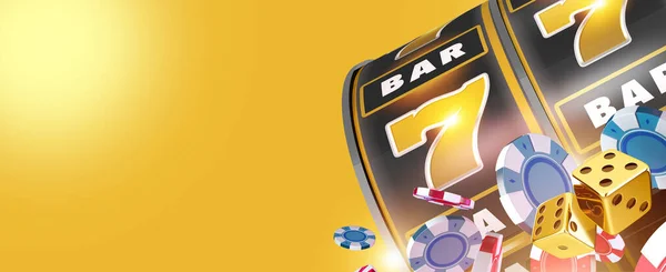 stock image Yellow Online Casino Games Banner 3D Rendered Illustration. Slot Machine Reel, Casino Tokens and Golden Dices.
