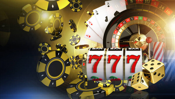 Vegas Casino Games Conceptual Illustration with Roulette, Cards, Dices Slot Machine Reel and Tokens. 3D Rendered Graphic.