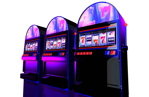 Five Reels Casino Slot Machinesconcept Illustration Rendered One Handed Bandits — Stockfoto