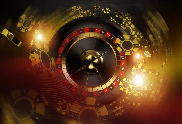 Dark Golden Casino Roulette Wheel Spin Blowing Tokens Concept Illustration — Stock Photo, Image