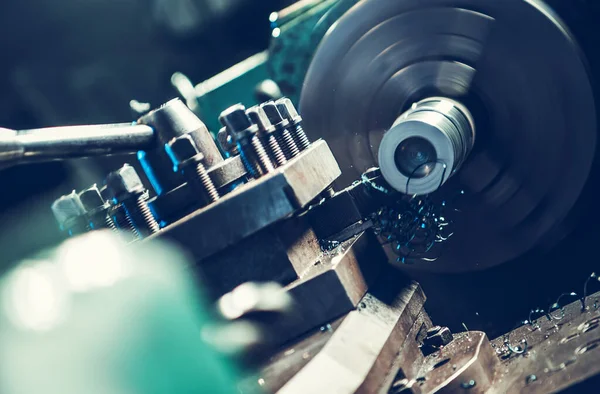 Spinning Lathe Machine Metal Piece Processing Close Photo Metalworking Industry — Stock Photo, Image