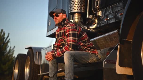 Caucasian Trucker His 40S Seating Next His Semi Truck Tractor — 비디오