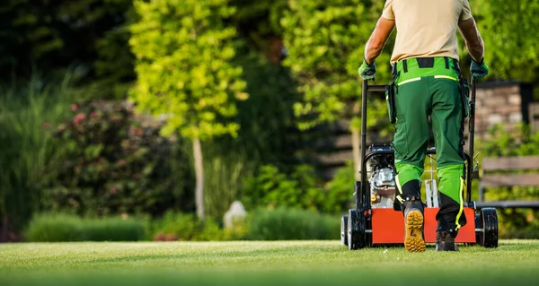 Back View Professional Gardener Mowing Backyard Lawn Push Mower Garden — Foto de Stock