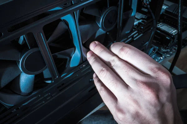 Closeup Computing Professional Hand Performing Computer Cooling System Installation Industry — Stock Photo, Image