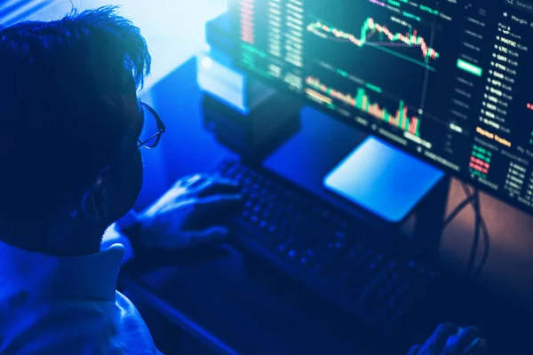 Daily Cryptocurrency Online Marketplace Trading. Caucasian Trader in Front of a Computer Taking a Long.