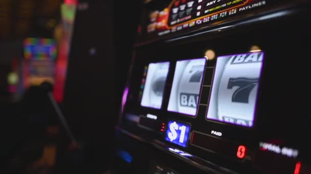 Caucasian Female Gambler Playing Slot Machine Casino One Handed Bandit — Stockvideo