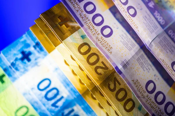 Swiss Francs Banknotes Glassy Desk Switzerland Banking Currency Theme — Stock Photo, Image