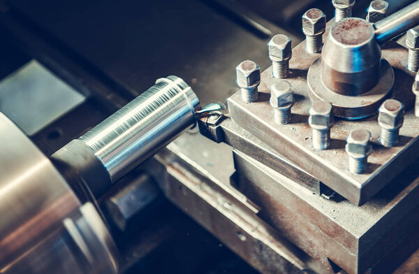 Metalworking Industry. Modern Lathe Machine Metal Processing Close Up
