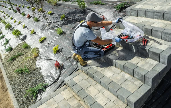 Caucasian Professional Landscaping Worker His 40S Building Rockery Garden Drip — Stock Photo, Image