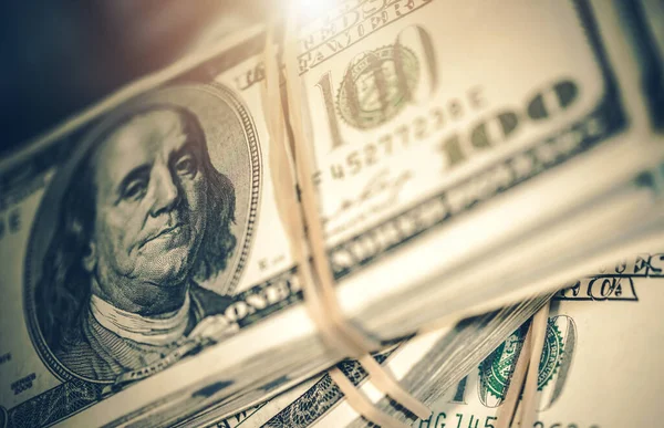 Closeup One Hundred Dollar Bills Wrapped Twine Inglês Moeda Americana — Fotografia de Stock