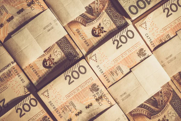 Doscientos Proyectos Ley Zloty Polacos Contados Atados Con Correa Moneda — Foto de Stock