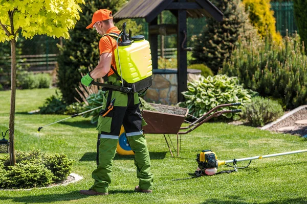 Jardineiro Profissional Com Pulverizador Bomba Anexado Suas Costas Executando Jardim — Fotografia de Stock