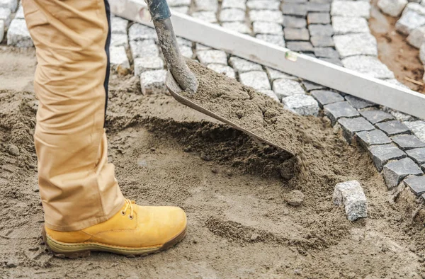 Closeup Professional Contractor Shovel Preparing Ground Laying Pavers Creating Sand — Fotografia de Stock