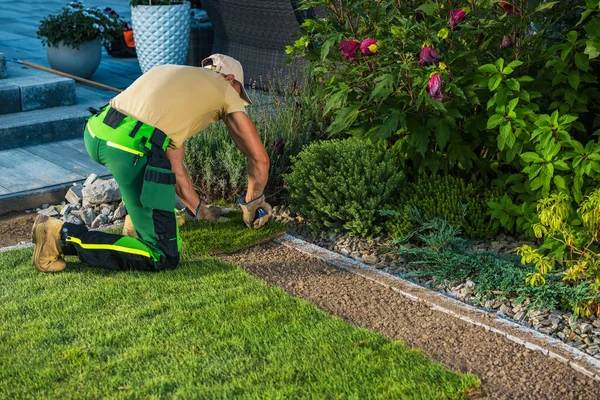 40代の白人プロの造園家が天然芝を大きさに切りました 新しい裏庭の芝生の仕上げ — ストック写真