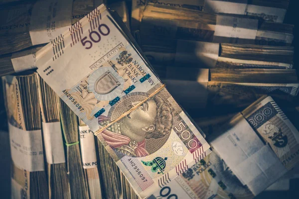 Gran Pila Billetes Zloty Polacos Dentro Una Foto Cerca Segura — Foto de Stock