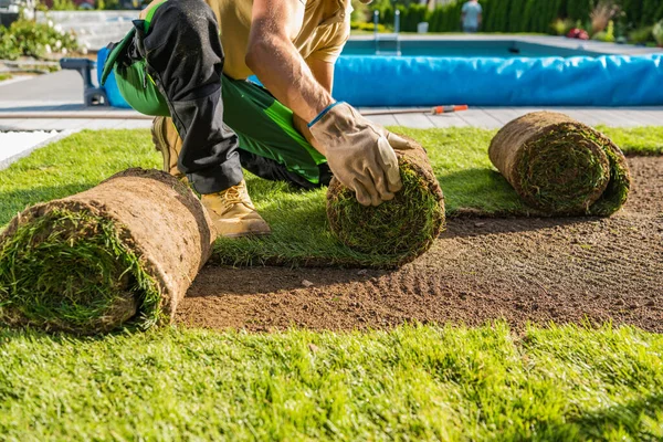 Rollos Grandes Césped Natural Que Instalan Dentro Jardín Del Patio — Foto de Stock