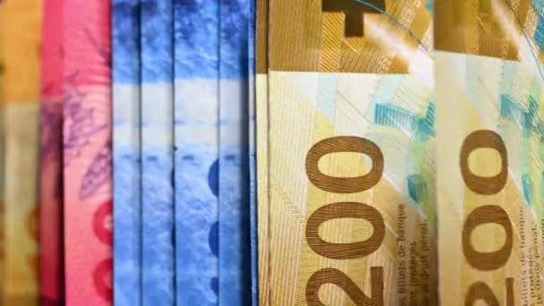Detaljerad Närbild Färgglada Schweiziska Franc Räkningar Visas Efter Schweiz Och — Stockvideo