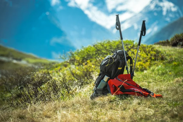 Hikers Backpack Coat Trekking Poles Sunny Mountain Trail Summer Outdoor — Stock Photo, Image