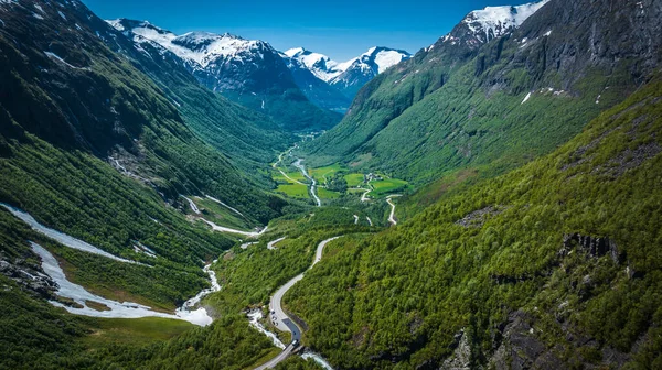 Gamle Strynefjellsvegen Videdalen Valley Scenic Norwegian Road Aerial View — Stockfoto