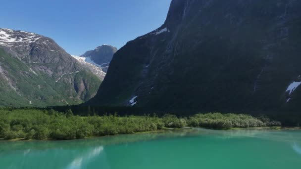 Lago Piedi Delle Montagne Circondato Una Foresta Verde Cime Innevate — Video Stock