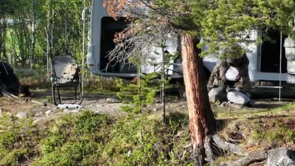 Husbilsresenär Packa Upp Och Ordna Campingplats Skogen Traveling Och Camping — Stockvideo