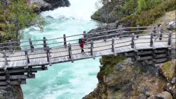 Turysta Górski Cieszący Się Krajobrazami Natury Stojąc Drewnianym Moście Nad — Wideo stockowe