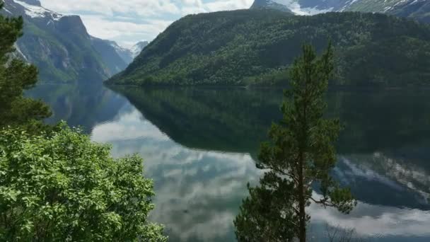 夏の日の間 山の中のトランキル湖の閉鎖 風光明媚なノルウェーの風景 — ストック動画