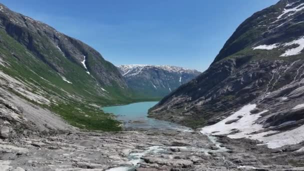 Noors Kjenndal Gletsjerlandschap Met Uitzicht Het Gletsjermeer Reizen Lifestyle Thema — Stockvideo