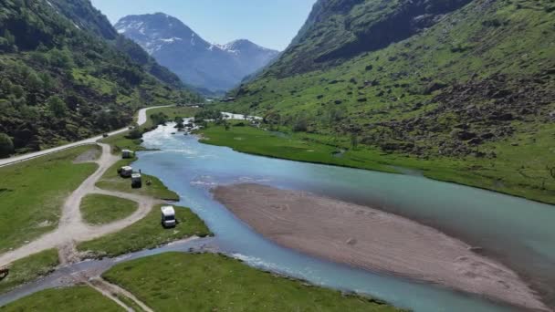 Camper Van Riverfront Camping Norwegian Road Aerial Footage — 비디오