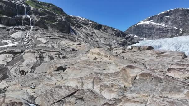 Noors Kjenndal Gletsjerlandschap Luchtfoto Zonnige Zomerdag — Stockvideo