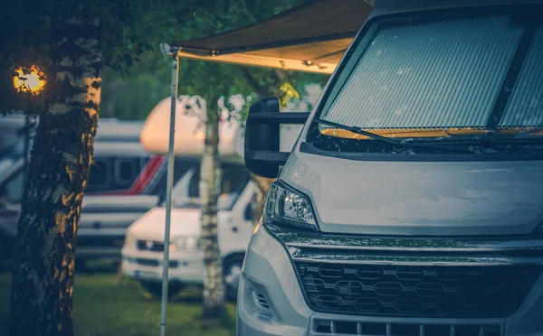 2011 Closeup Modern White Camper Van Rolled Out Awning Parked — 스톡 사진