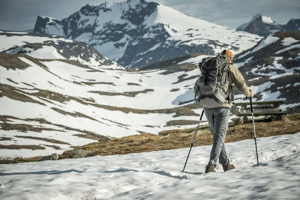 バックパックとトレッキングポールが装備されたプロの観光客のビュー雪のノルウェーの山でハイキング 屋外レクリエーション活動テーマ — ストック写真