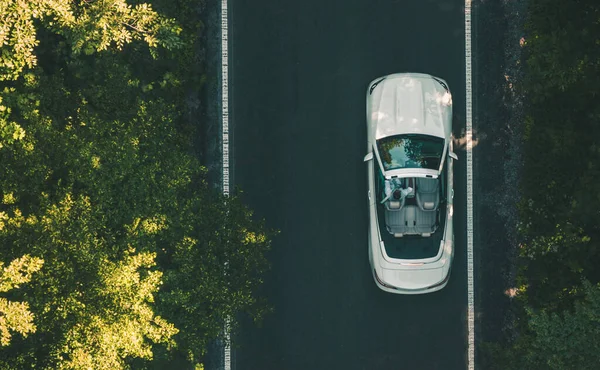 Aerial View Man Driving His Modern White Cabriolet Road Luxury — Stock Photo, Image