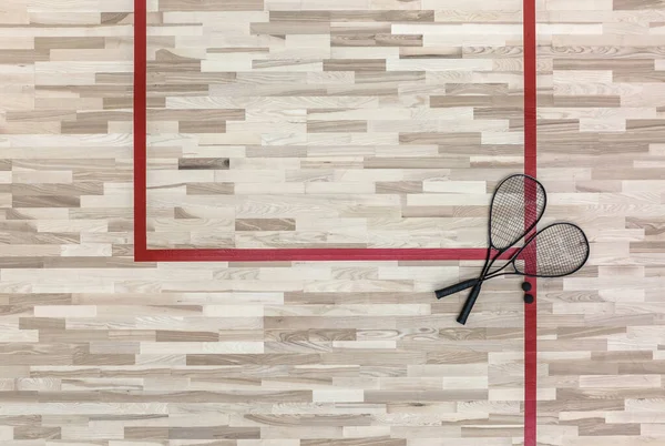 Squash Rackets Ball Wooden Court Floor Sport Theme — Stock Photo, Image
