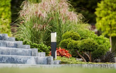 Beton Merdivenleri ve LED Işıklı Güzel Bahçe. Bahçe düzenleme ve Bahçe TemasıName.