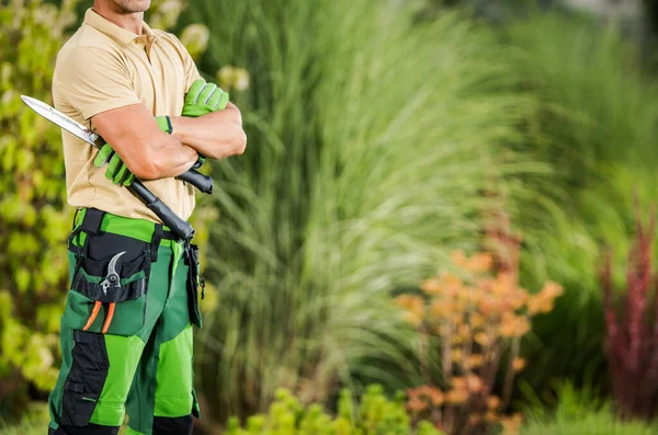 Gardening Landscaping Professional Caucasian Gardener Staying Next Beautiful Matured Garden — Stock Photo, Image