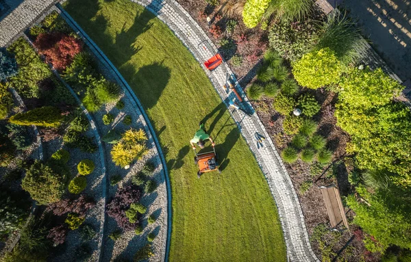 Caucasian Landscaping Worker Lawn Aerating Using Gasoline Aerator Aerial View — Stock Photo, Image