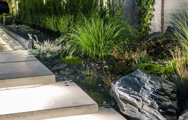 Elegant Rockery Garden and Garden Pathway Stairs Illuminated by LED Lights
