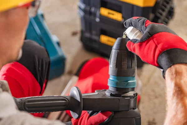 Contractor Worker Applying Grease His Drill Driver Head Power Equipment — Stock Photo, Image