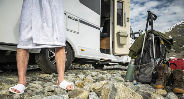 Caucasian Tourist Wearing Hotel Slippers Bathrobe Front His Camper Van — Stock Photo, Image