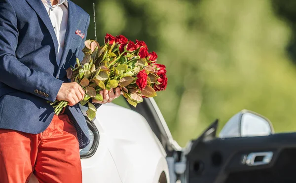 Young Gentleman Red Roses His Hands Awaiting His Girlfriend Valentines — Stock Photo, Image