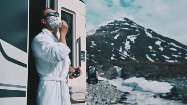 Caucasian Man Sunglasses Shaving His Face Next His Camper Van — Stock Video