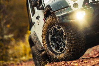 Dört Tekerlekli Araç Off Road Lastikleri Kapatın. Muddy Woodland Yolu Yolu.