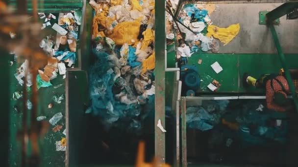 City Waste Sorting Facility Transporteurs Een Werknemer Top View Industrie — Stockvideo