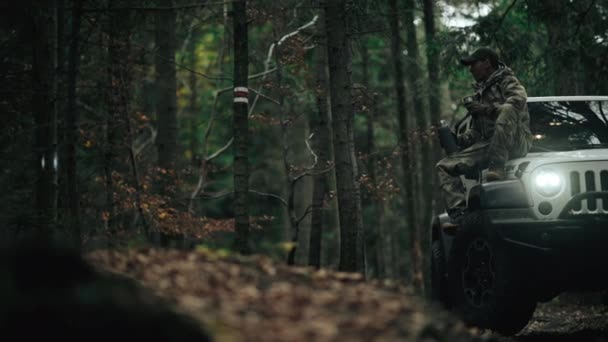 Camouflage Wearing Hunter Taking Short Coffee Break Road Drive — Stock Video