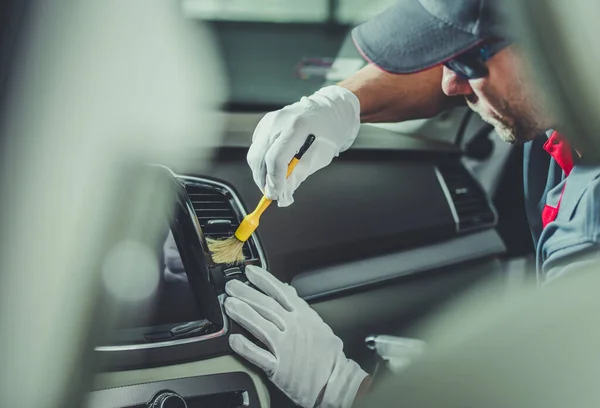 Vehicle Detailer Cleaning Car Interior Dashboard Using Soft Brush Automotive — Stock Photo, Image
