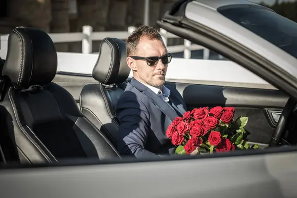 Caucasian Elegant Man Red Roses Awaiting His Date Convertible Vehicle Stock Photo